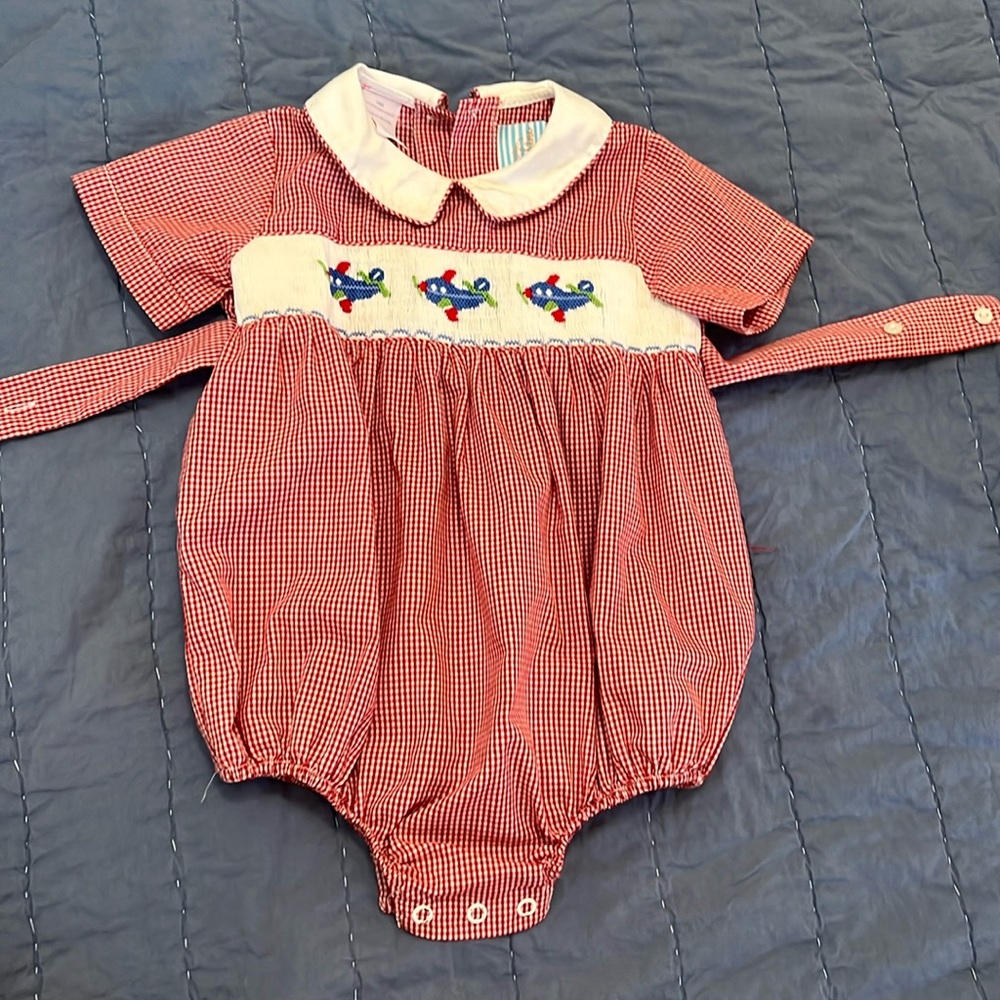 Smocked, airplane, bubble red boy baby 18 months